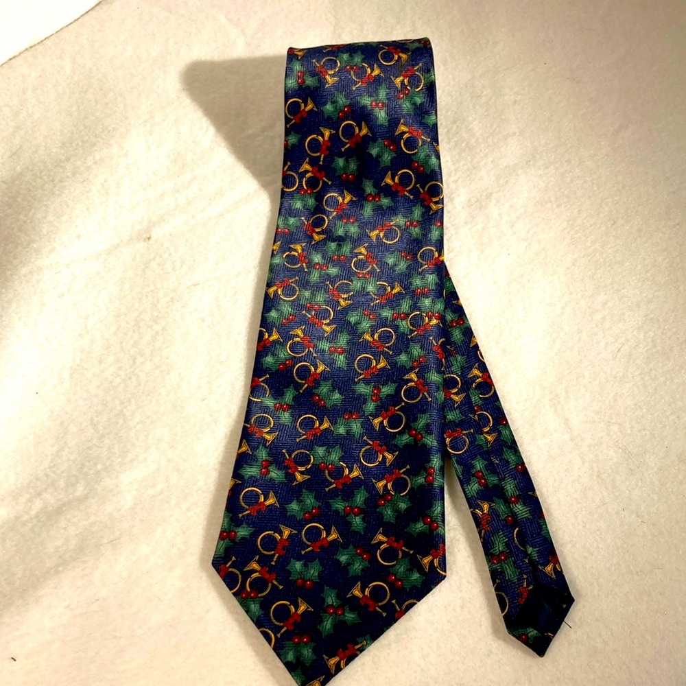Mens Navy French Horns and Holly Christmas Necktie